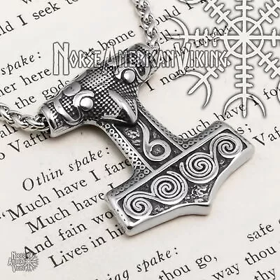 Viking Mjolnir Thor's Hammer Raven Stainless Steel Pendant Necklace • $22.49