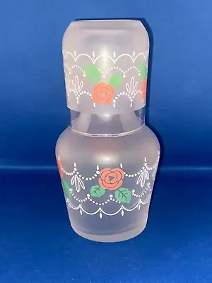 2pc Orange Rose Floral Bedside Frosted Glass Water Carafe & Tumbler Set Decanter • £9.99