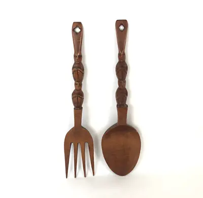 Mid Century Carved Wood Spoon Fork Tiki Totem Wall Decor Accents 19  • $22.50