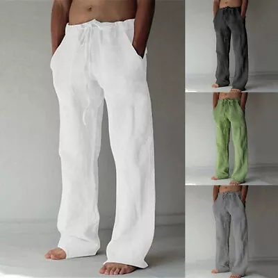 Men's Cotton Linen Loose Pants Solid Color Casual Baggy Beach Trousers Summer • $16.99