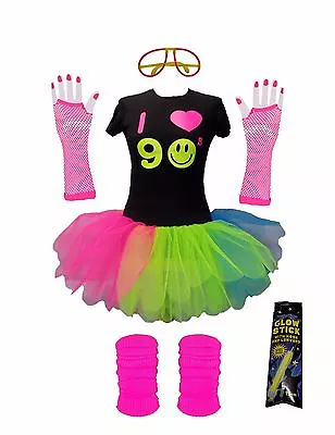 I Love 90s Neon Rainbow Tutu Skirt 90's Glow Party T-Shirt Set Hen Parties • £21.94