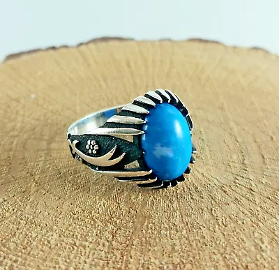 925 Sterling Silver Handmade Men's Ring With Sword Patterned Turquoise Stone • $50
