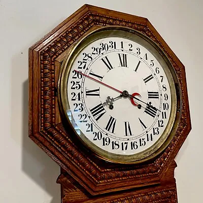 Antique Ingraham Hartford Regulator Calendar Wall Clock Long Drop Wood Case • $1550