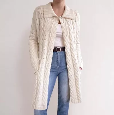 Garnet Hill Wool Cable Knit Cardigan Maxi Sweater Duster M Ivory Cream Open • $59.95