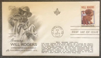 £4.99 • Buy FDC Special Stamp Cover Masons Masonic USA 1979 Honoring Will Rogers