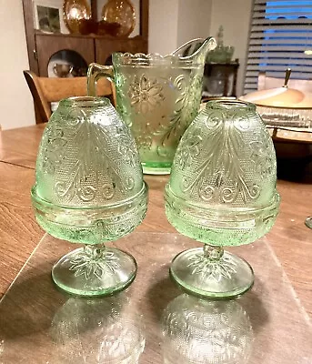 2 Vintage Tiara Chantilly Green Fairy Lamp Glass Tea Votive Candle Holder • $89.95