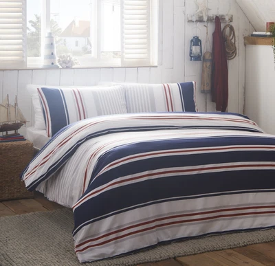 £13.95 • Buy Nautical Stripe Duvet Cover Reversible Quilt Bedding Set Navy Blue Red Double