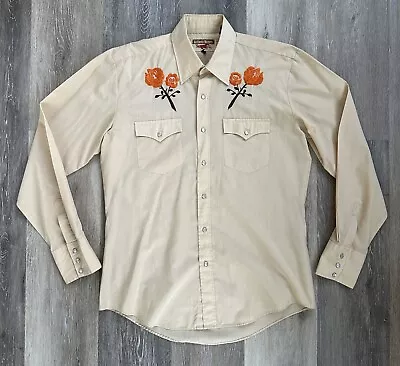 Youngbloods Western Shirt Embroidered Rose Pearl Medium 15-15.5 Vintage 1980s • $24.99