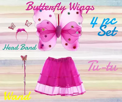 Girls Princess Costume Butterfly Wings Tutu Wand And Headband Rose Pink • £9.99