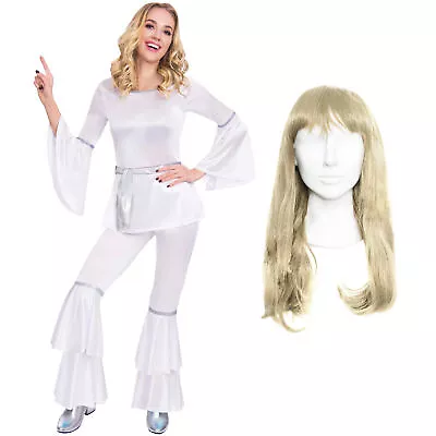 1970'S DANCING DIVA ICON COSTUME FANCY DRESS FLICK BLONDE WIG TOP TROUSERS 70's • £15.99