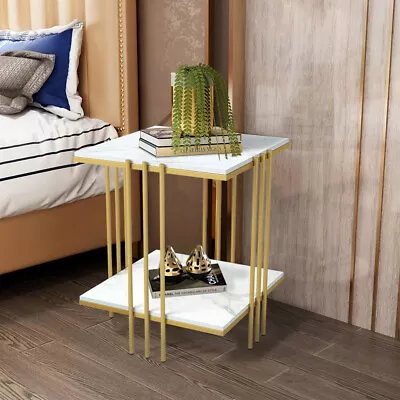 2 Tier Marble Coffee Side Table Bedside Sofa End Table Corner Storage Shelf Gold • $89.96