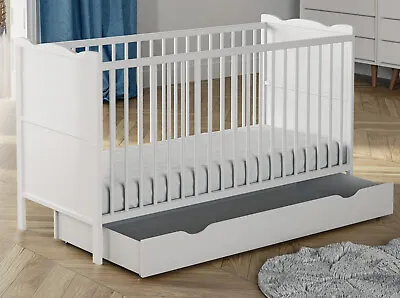 Wooden Baby Cot Bed 120x60cm Or 140x70cm Storage Drawer Deluxe Mattress & Sheet • £155.99