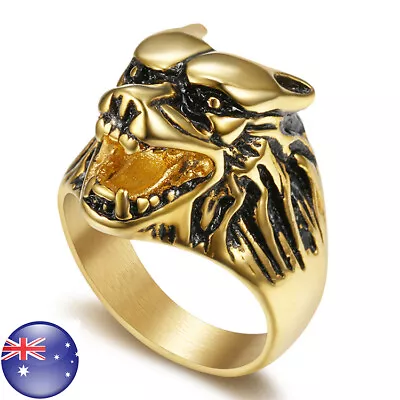 $10.07 • Buy 18k Gold Plated Wolf Dog Head Stainless Steel Base Men's Craft Ring M49