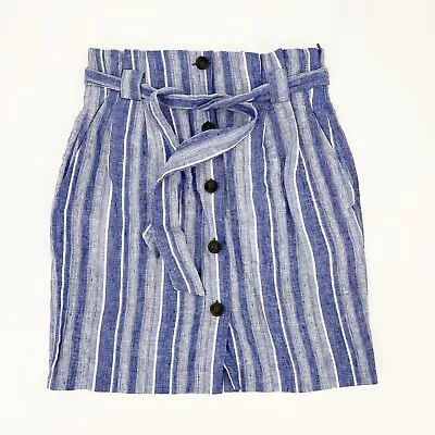 NWT H&M Blue White High Waist Belted Linen Blend Skirt US 6 Summer Work Casual • $16.92