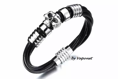 Mens Biker Black Leather Skull Bracelet Silver Stainless Steel Gothic Wristband • $15.95