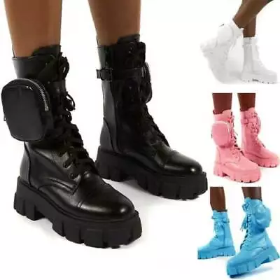£29.86 • Buy Women Combat Ankle Boots Chunky Platform Flat Goth Punk Zip Pocket Lace Up Shoes