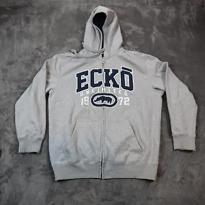 Y2K Ecko Unlimited Hoodie Mens Large Gray Embroidered Spellout Rhino Skater Zip • $54