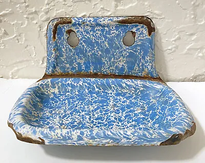 Antique  Enamelware Soap Dish Wall Hung  Graniteware Enamel Blue White • $28