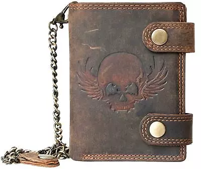 £39.99 • Buy RFID -Brown Strong Genuine Leather Biker'S Wallet With A Skull With Metal Chain