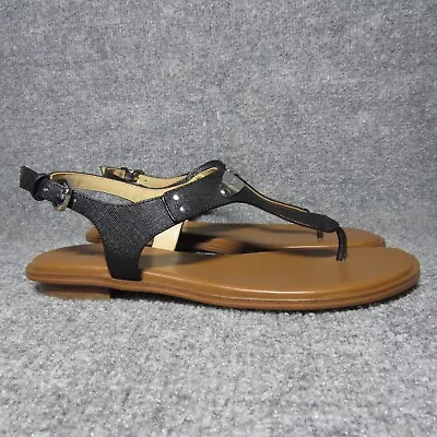 Michael Kors MK Plate Thong Sandals Women Size 7.5 Black Leather Ankle Strap NEW • $49.99