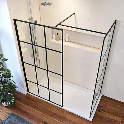 Black Grid Shower Enclosure Screen Walk In Wet Room 8mm Glass Cubicle Door • £125.99