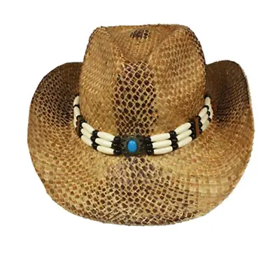 Faux Snake Skin Style NATURAL STRAW COWBOY HAT Beads SHAPEABLE Turquoise WESTERN • $19.91