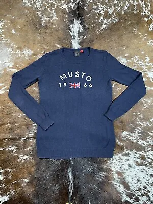 MUSTO Women’s Union Jack Merino Wool Cotton Knit Navy Pullover Jumper Size 10 • £18.95