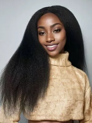 Black Long Yaki Lace Front Synthetic Wigs Glueless Daily Natural Looking Fashion • $36.99