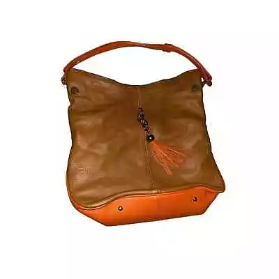 CHARLES JOURDAN Brown Orange Pebble Leather Moto Crossbody Hobo Shoulder Bag • $60