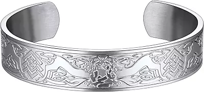 Viking Cuff Bracelet For Men Women Stainless Steel Rune/Thor'S Hammer/Wolf/Celt • $29.48