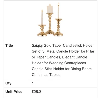 £21.99 • Buy Gold Taper Candlestick Holder Set Of 3, Metal Candle Holder