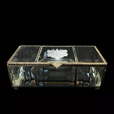 Antique Large Victorian Beveled Etched Glass Beaded Metal Jewelry Trinket Box • $160