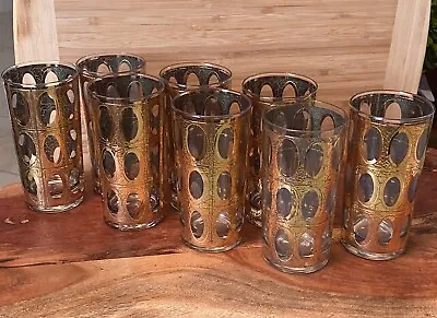 8 Vintage 1950s CULVER “Pisa” Crackled 22k Gold Highball Glasses Collectors • $255