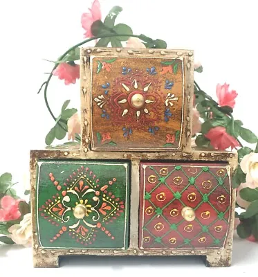Indian Wooden Box Jewellery Chest 3 Drawers Storage Hand Craft Painted Bohemian • £19.99