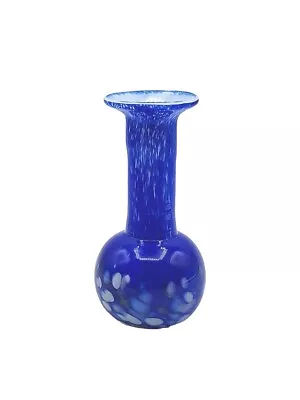 Studio Art Glass Blue Bud Vase White Spotted Bulb Shaped Hand Blown 6  Tall  • $12.90