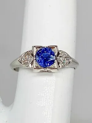 Vintage 1940s $3400 1.20ct Natural Ceylon BLUE Sapphire Diamond Platinum Ring • $685