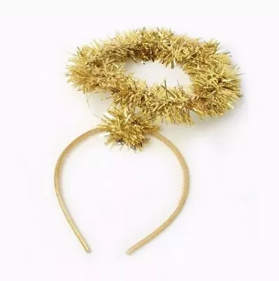 Novelty Fancy Dress Christmas Gold Tinsel Halo On Headband Alice Band New • £3.99