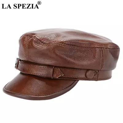 Men's Leather Hat Brown Military Captain Hat Men Genuine Cow Leather Newsboy Cap • $28.99