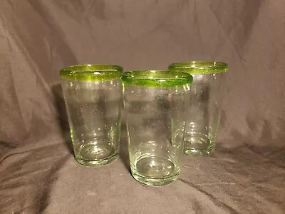 Hand Blown Rustic Mexican Drinking Tumblers Green Rims Set Of 3 • $20