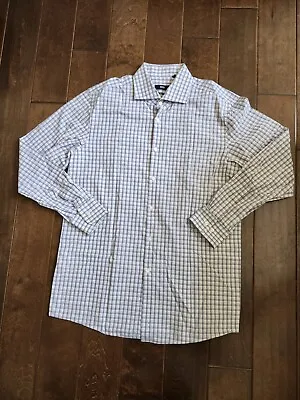 Hugo Boss Sharp Fit Button Up Purple White Plaid Dress Shirt Collared 17x34/35 • $19.99