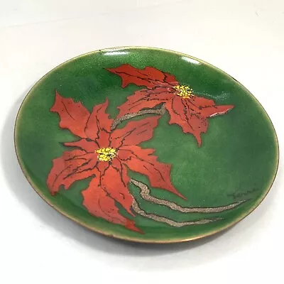 VINTAGE Signed TERRI Copper Enamel Christmas POINSETTIA TRINKET TRAY MCM 6  Red • $25.95