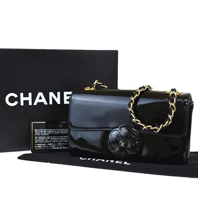 $1843 • Buy Auth CHANEL CC Camellia Chain Shoulder Bag Patent Leather Black Vintage 691LB246