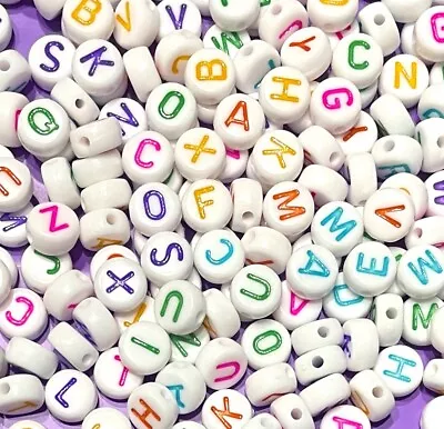 200x White Colour English Alphabet Multicolour Letter 7mm Flat Round Beads • £2.99