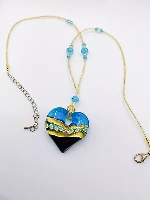 Vintage Necklace Italian Art Glass Murano Blue Heart Crystal Signed • $19.99