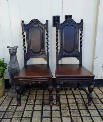 Handsome Pair Of Jacobean Revival Carved Oak Barley Twist Hall Chairs • £95
