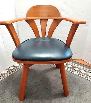 Vintage Mid Century Modern Maple Wood Chair W/ Blue Leather Seat Swivel • $80.75