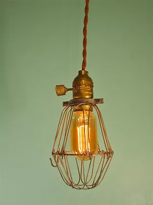 Vintage Industrial Cage Light - Machine Age Minimalist Bare Bulb Pendant Lamp • $63.95