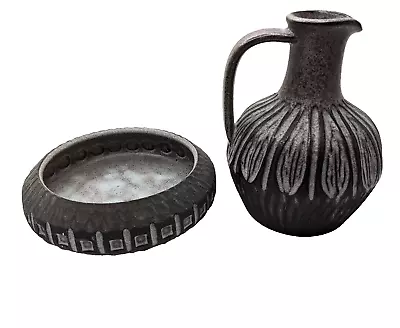 Mid Century Danish Mod Incised Pottery Jug And Low Bowl Set Designer Signed • $59.95