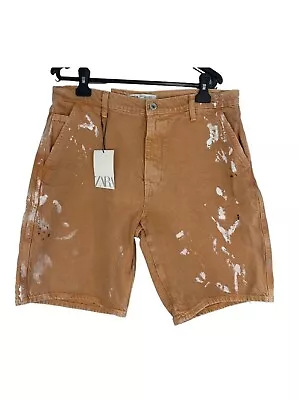 Zara Mens Orange Denim Shorts Paint Splatter Size 32 • $14.95