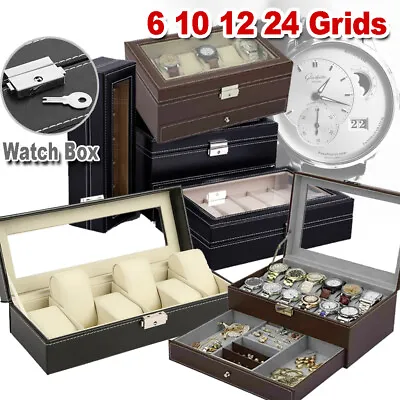 £9.95 • Buy Watch Box 6/10/12/20/24 Grids Leather Jewelry Display Collection Storage Case